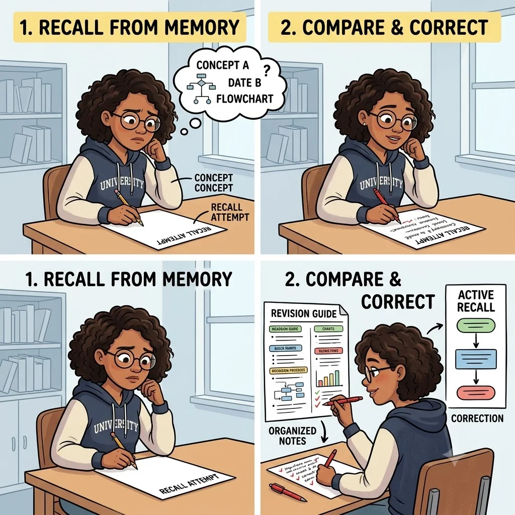 Student recalling information before checking study notes