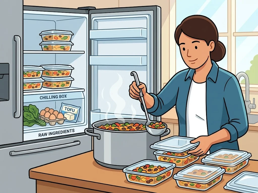 Cooked one-pot dinner portioned into clean covered containers for refrigeration